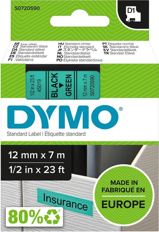 Dymo D1 S0720590 / 45019 Authentiek Labeltape Zelfklevend Zwart op groen 12 mm x 7m