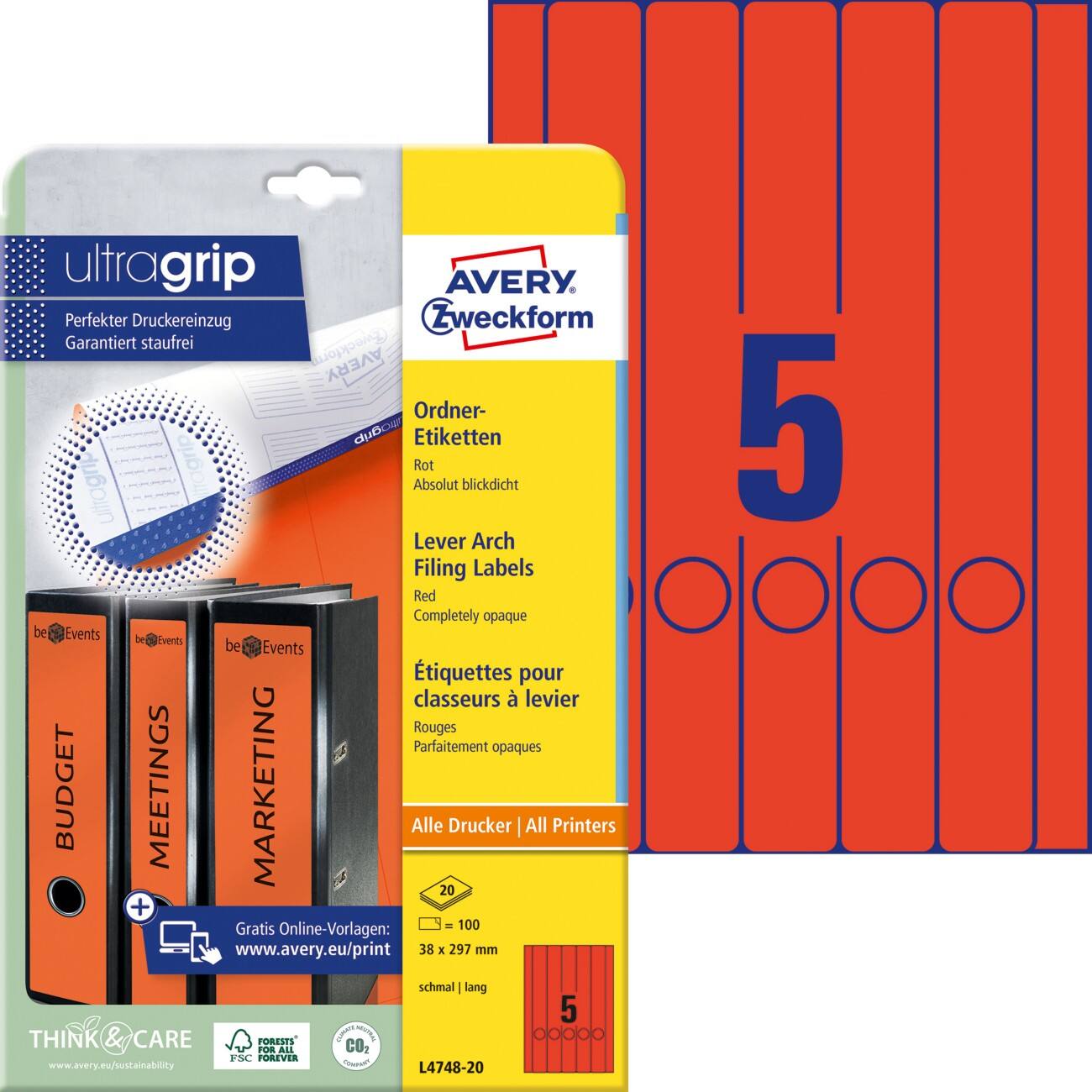 AVERY Zweckform UltraGrip Ordner Rugetiket L4748-20 3,8 x 29,7 cm Rood 20 Vellen à 5 Etiketten