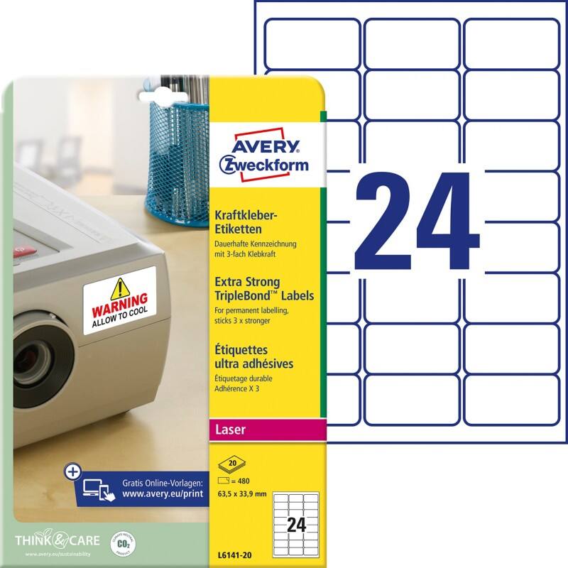 Avery Speciale etiketten L6141-20 Klevend A4 Wit 63,5 x 33,9 mm 20 Vellen à 24 Etiketten