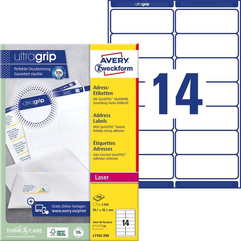 Avery Ultragrip Adresetiketten L7163-250 Klevend A4 Wit 99,1 x 38,1 mm 250 Vellen à 14 Etiketten