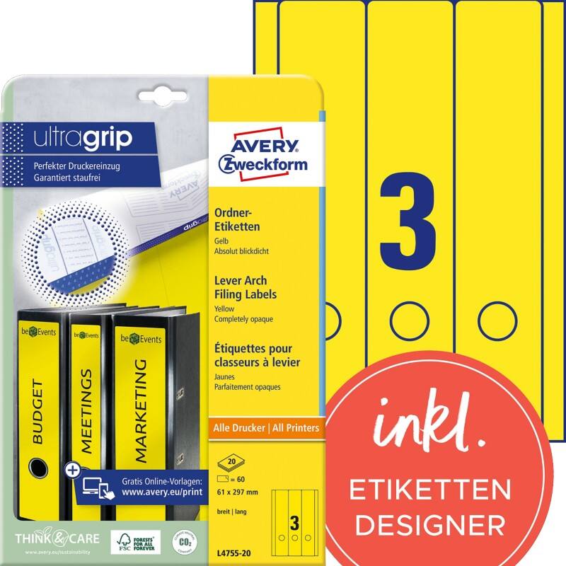 Avery Ultragrip Rugetiket L4755-20 Klevend A4 Geel 6,1 x 29,7 cm 20 Vellen à 3 Etiketten