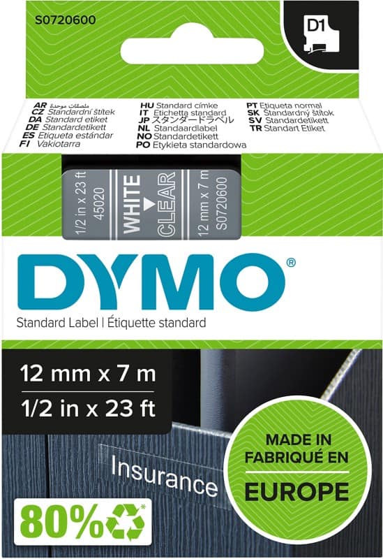 Dymo D1 S0720600 / 45020 Authentiek Labeltape Zelfklevend Wit op transparant 12 mm x 7m