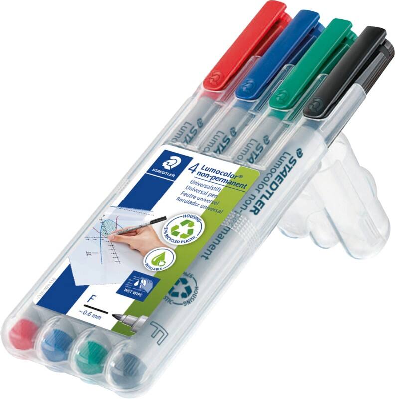 STAEDTLER Lumocolor 316 Overheadmarker 97% Gerecycled Fijn Ronde punt 0,6 mm Kleurenassortiment Navulbaar 4 Stuks