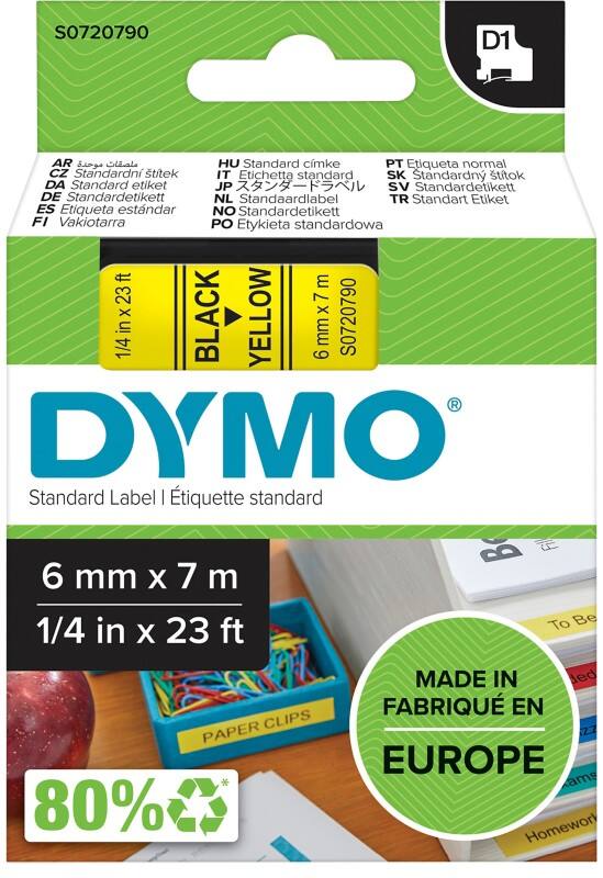 Dymo D1 S0720790 / 43618 Authentiek Labeltape Zelfklevend Zwart op geel 6 mm x 7m