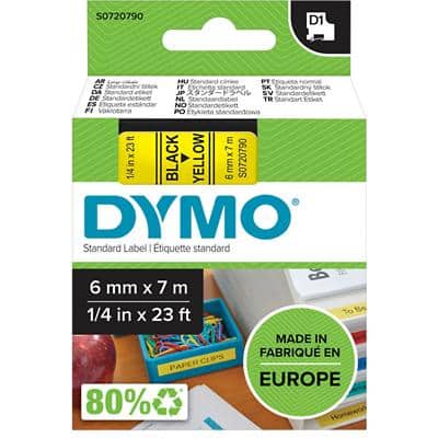 Dymo D1 S0720790 / 43618 Authentiek Labeltape Zelfklevend Zwart op geel 6 mm x 7m