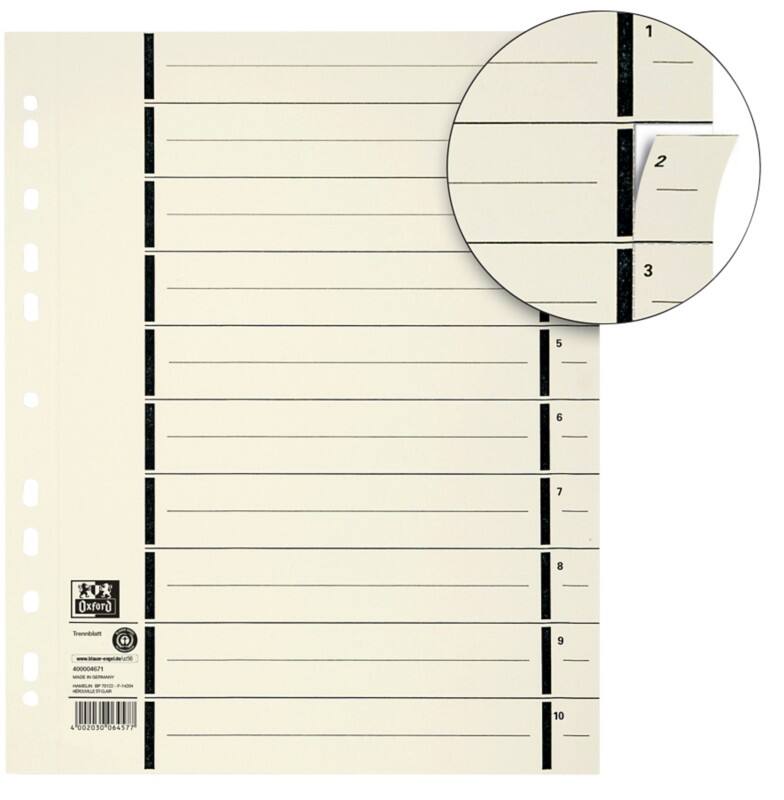 OXFORD 1 tot 10 Scheidingsbladen A4 Chamois 10 tabs Karton 11 Gaten 400004671 100 Stuks