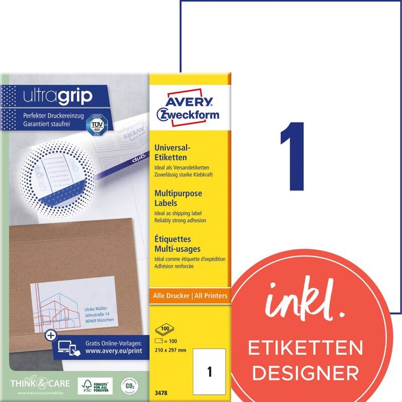 Avery UltraGrip Etiketten 3478 Klevend A4 Wit 210 x 297 mm 100 Vellen à 1 Etiketten