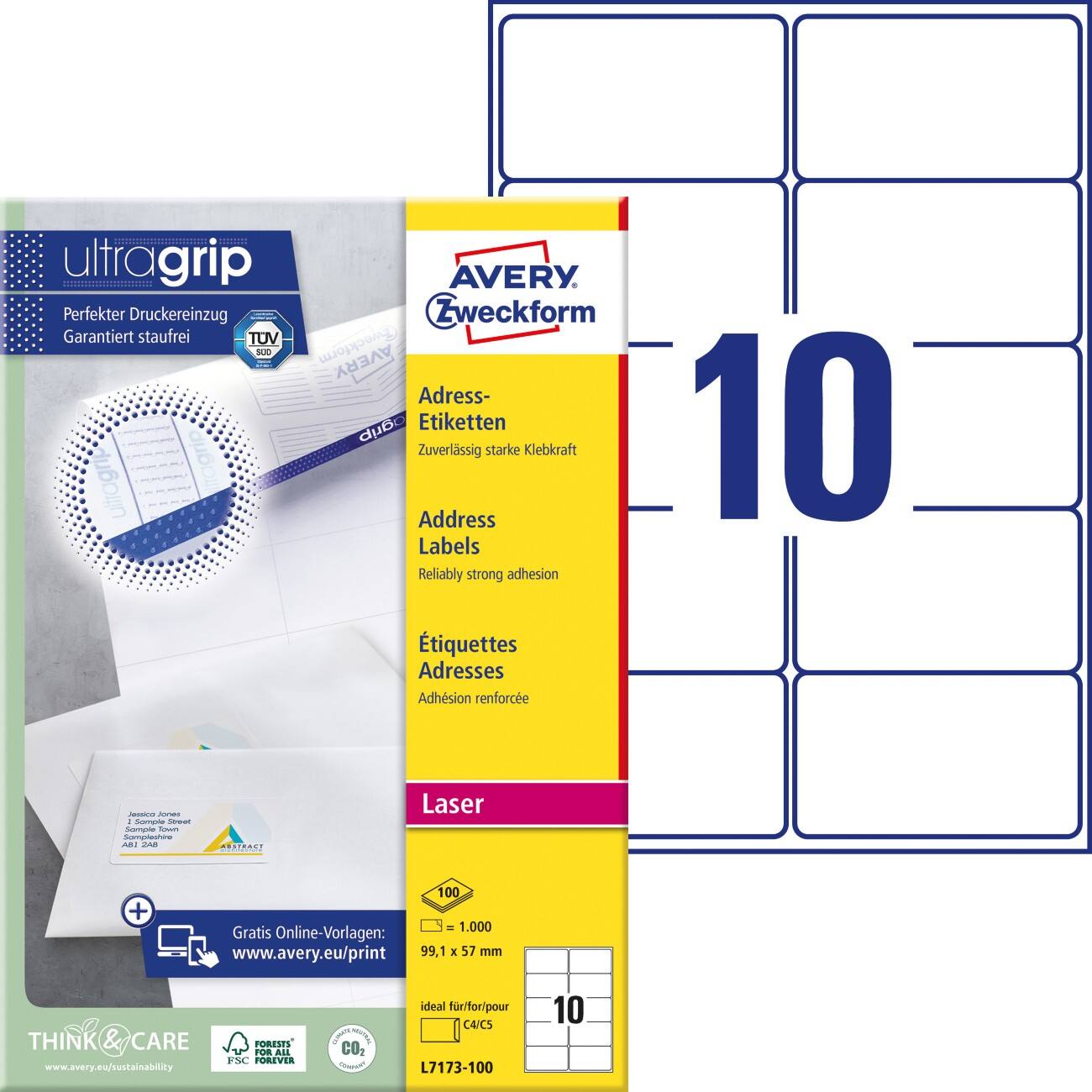 AVERY Zweckform UltraGrip Adresetiketten L7173-100 Klevend A4 Wit 9,91 x 5,7 cm 100 Vellen à 10 Etiketten