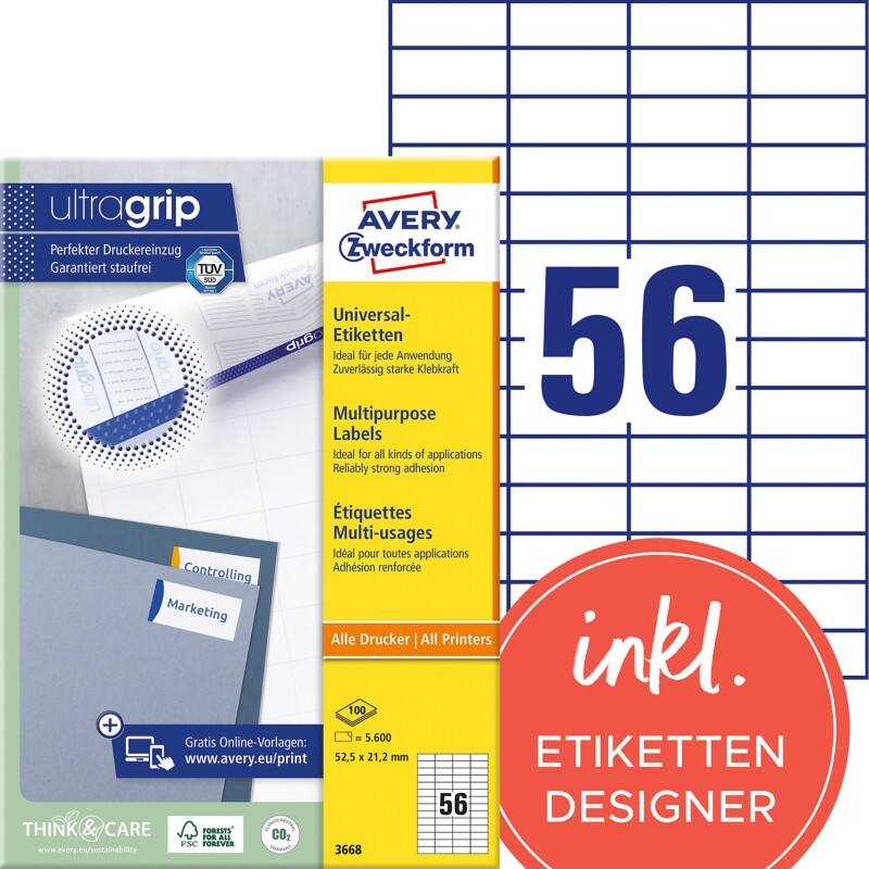 Avery Ultragrip Etiketten 3668 Klevend A4 Wit 52,5 x 21,2 mm 100 Vellen à 56 Etiketten