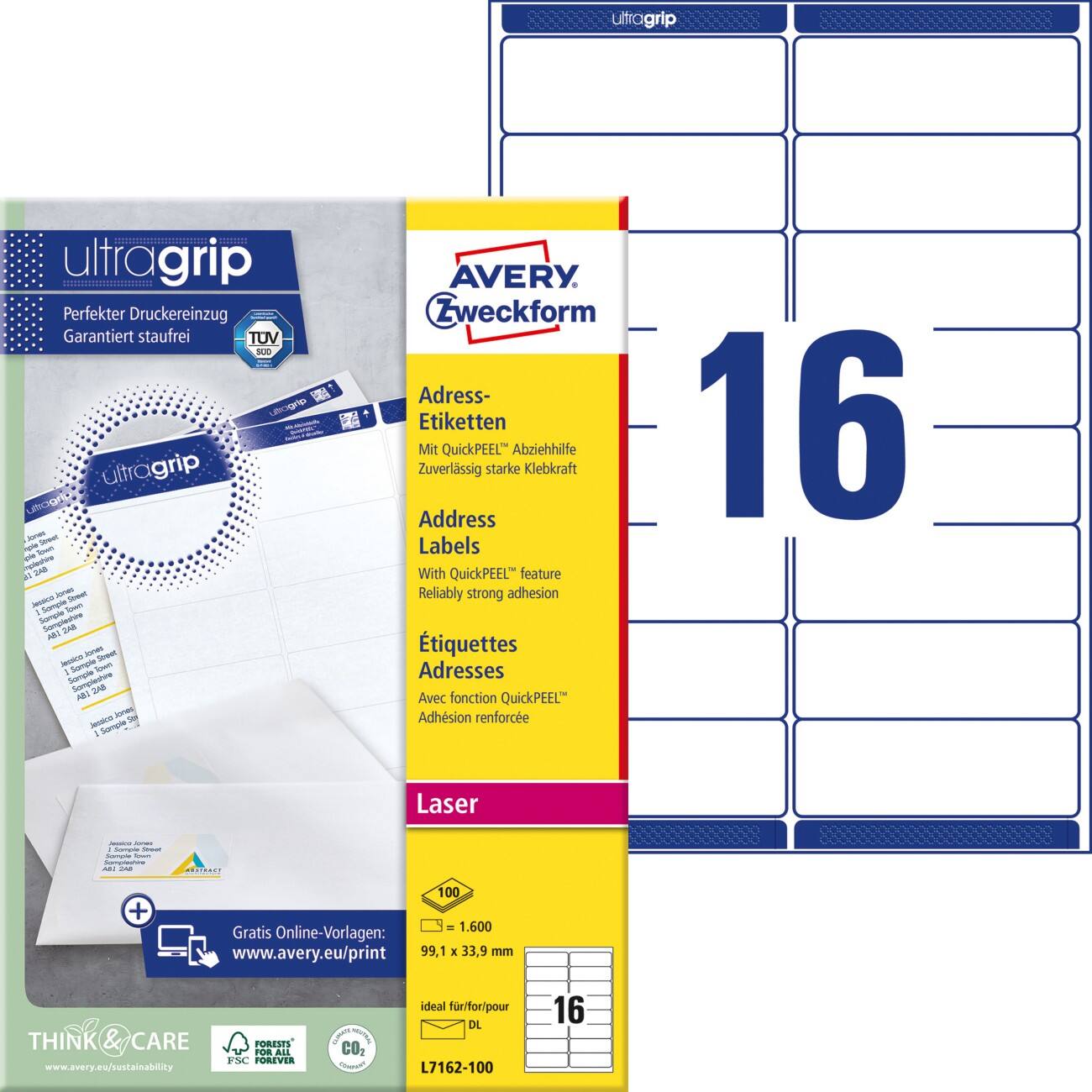 AVERY Zweckform UltraGrip Adresetiketten L7162-100 Klevend A4 Wit 9,91 x 3,39 cm 100 Vellen à 16 Etiketten