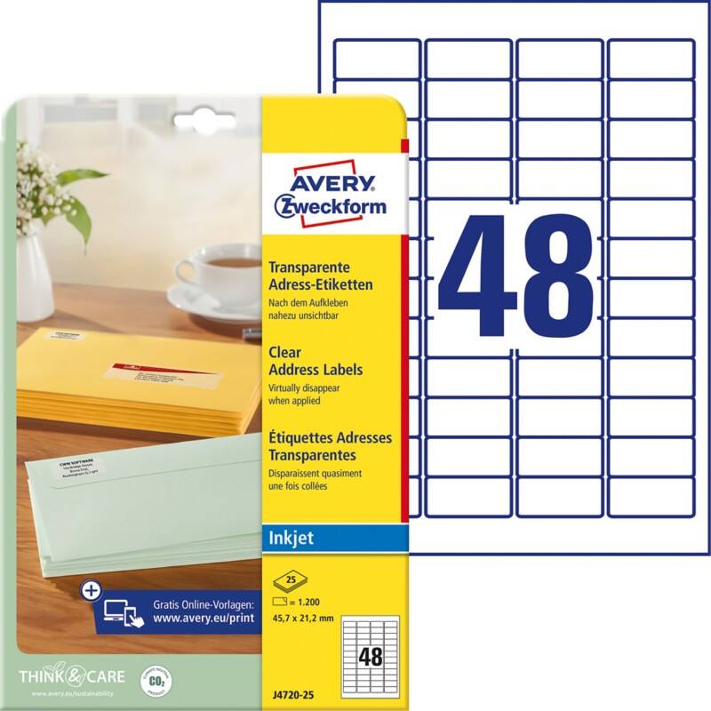 Avery Etiketten J4720-25 Klevend A4 Transparant 45,7 x 21,2 mm 25 Vellen à 48 Etiketten