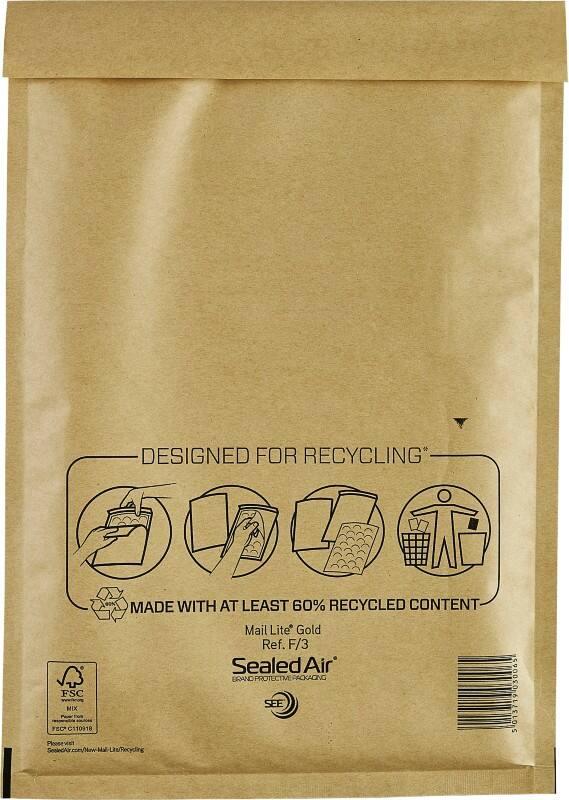 Mail Lite Luchtkussenenveloppen F/3 Goud Zonder Venster 220 (B) x 330 (H) mm Kleefstrip 79 g/m² 10 Stuks