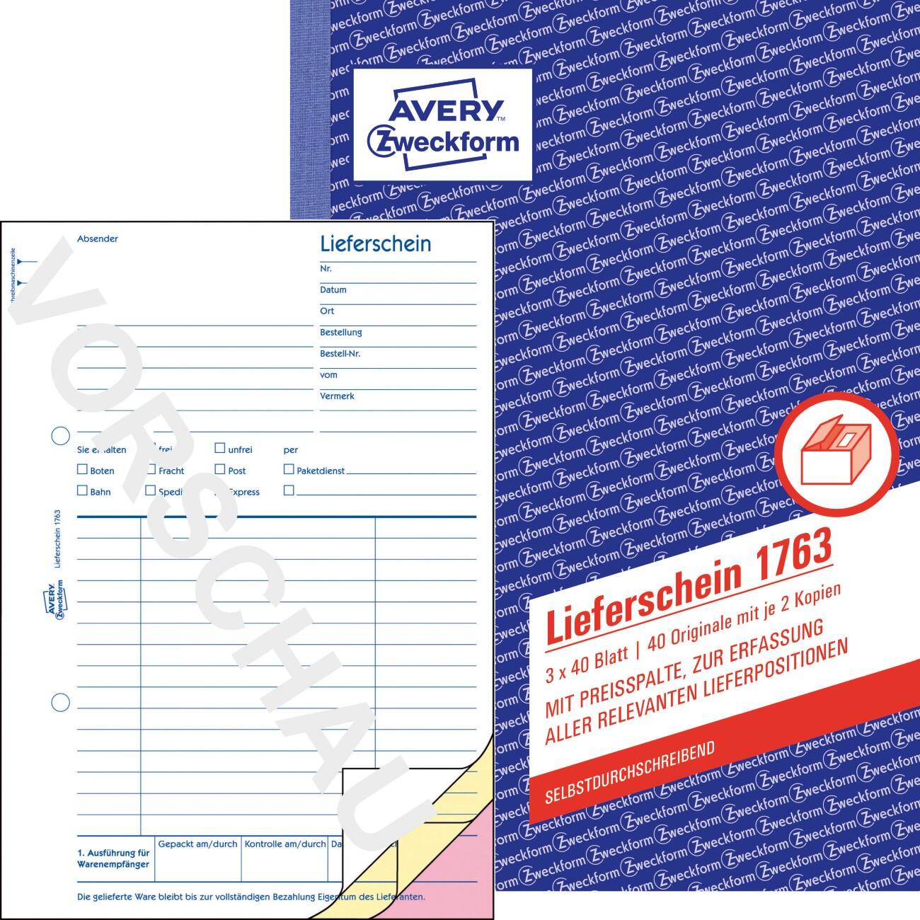 AVERY Zweckform 1763 Leveringsbewijs boek Wit, geel, roze A5 80 g/m² 40 Vellen