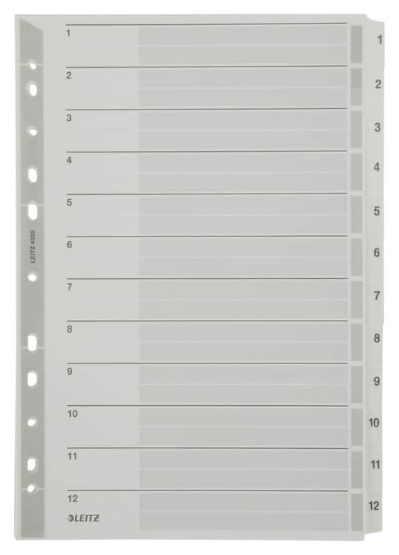 Leitz Tabbladen 4325 A4 Grijs 12 tabs Geperforeerd Karton 1 tot 12