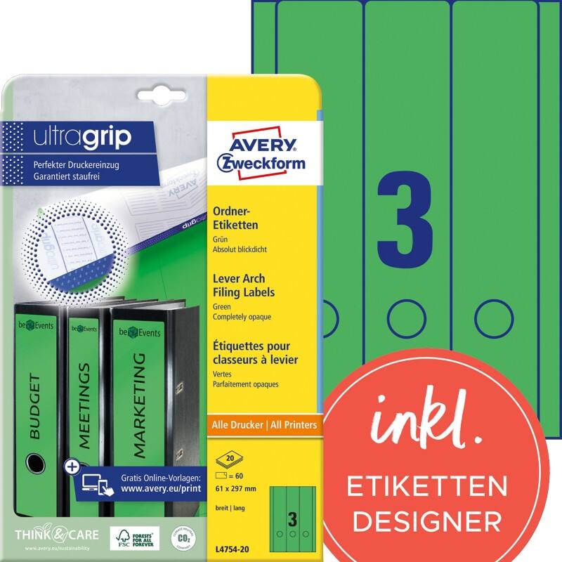Avery UltraGrip Rugetiket L4754-20 Klevend A4 Groen 6,1 x 29,7 cm 20 Vellen à 3 Etiketten