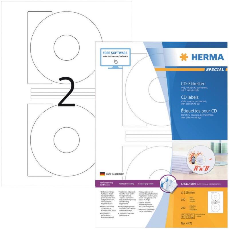 HERMA CD etiketten 4471 Wit Ø 116 mm 100 Vellen à 2 Etiketten