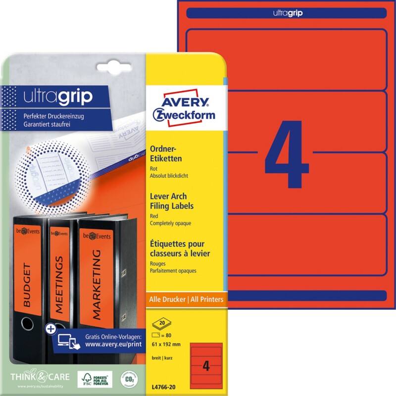 Avery Ultragrip L4766-20 Klevend A4 Rood 61 x 192 mm 20 Vellen à 4 Etiketten