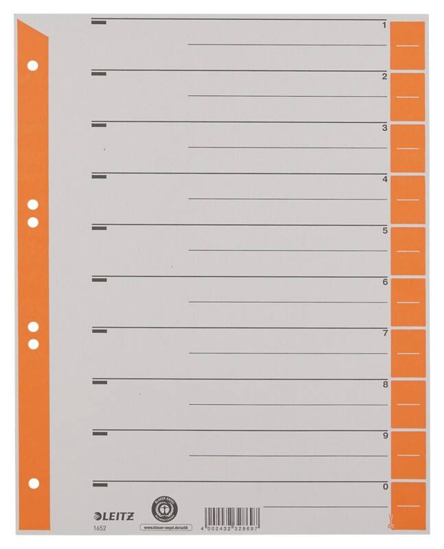 Leitz 1 tot 10 Tabbladen A4+ Oranje Oranje 10 tabs Karton 6 Gaten 1652 100 Stuks