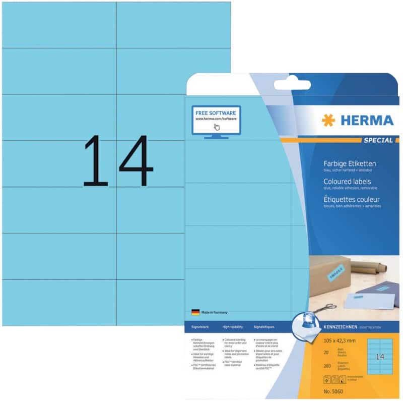 HERMA Etiketten 5060 Klevend A4 Blauw 105 x 42,3 mm  20 Vellen à 14 Etiketten