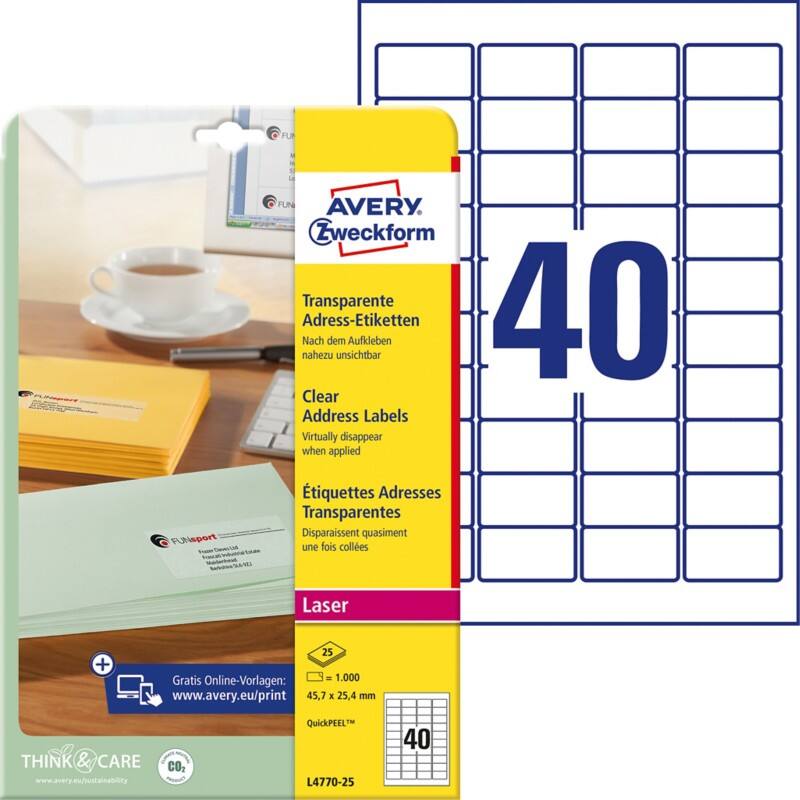 Avery QuickPEEL Waterbestendig Adresetiketten L4770-25 Klevend A4 Transparant 45,7 x 25,4 mm 25 Vellen à 40 Etiketten