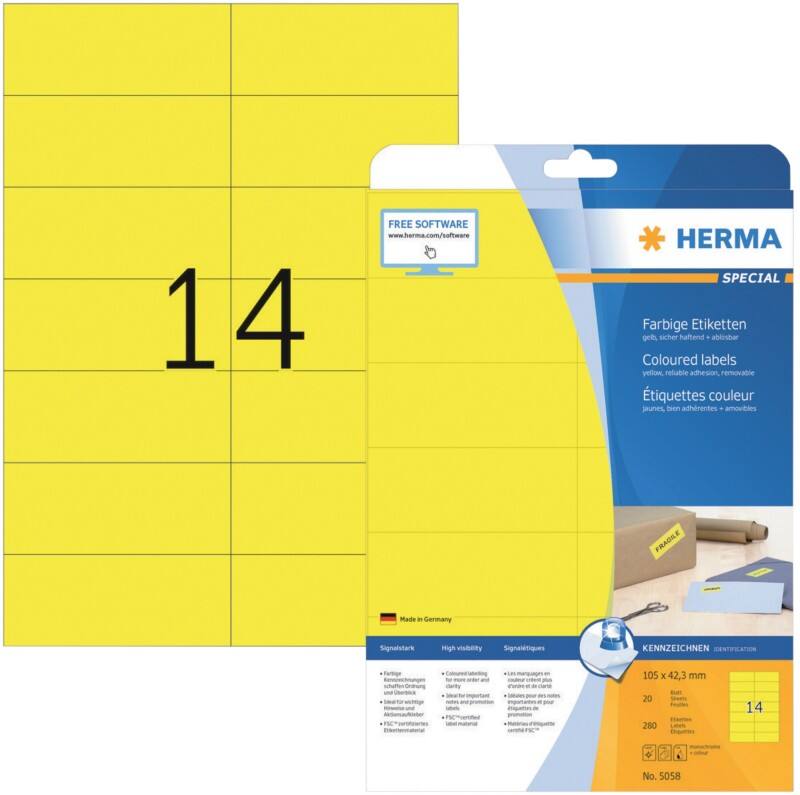 HERMA Laser Etiketten 5058 Klevend A4 Geel 105 x 42,3 mm  20 Vellen à 14 Etiketten
