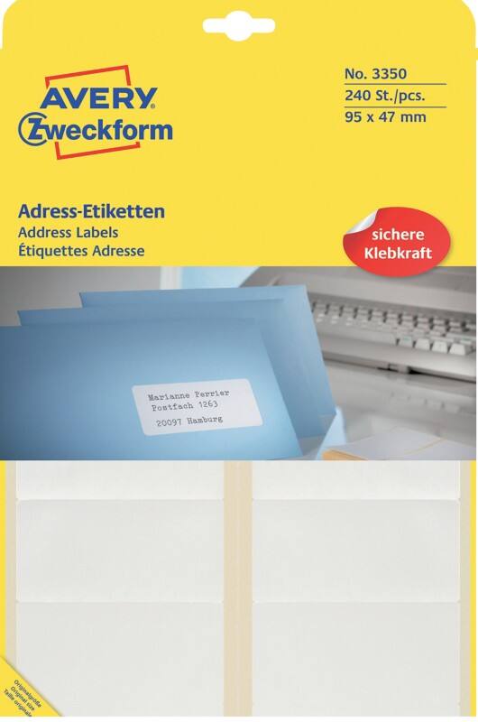 Avery Etiketten 3350 Klevend Speciaal Wit 95 x 47 mm 20 Vellen à 12 Etiketten