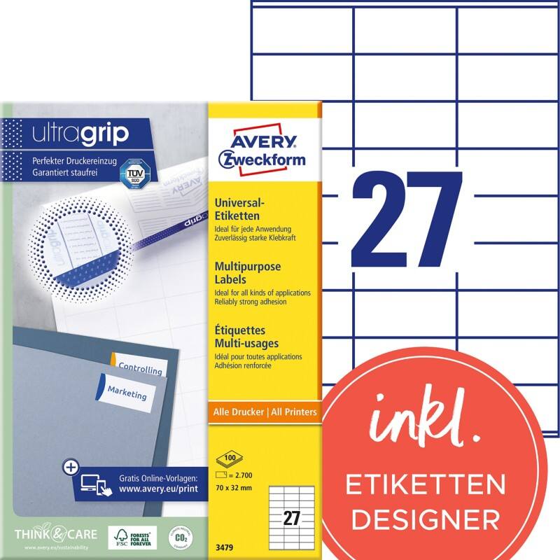 Avery Ultragrip Laser Etiketten 3479 Klevend A4 Wit 70 x 32 mm 100 Vellen à 27 Etiketten