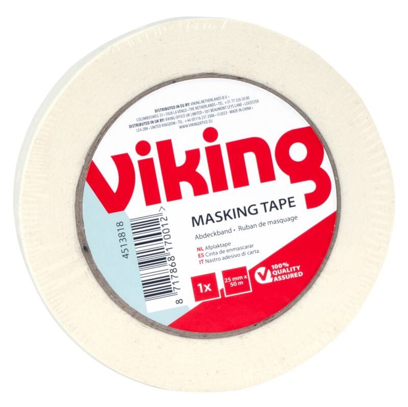 Viking Afplaktape Wit 25 mm (B) x 50 m (L) Crêpepapier Laag geluidsniveau