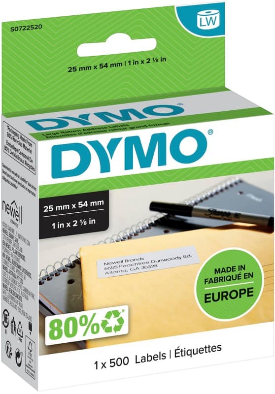 DYMO LW Adresetiketten Authentiek 11352 S0722520 Zelfklevend Zwart op Wit 25 x 54 mm 500 Etiketten