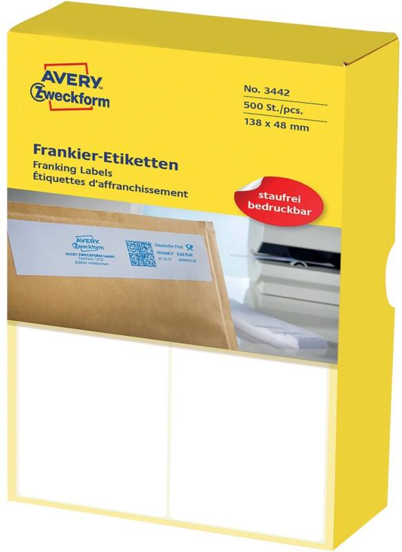 Avery Frankeeretiketten 3442 Klevend Wit 138 x 48 mm 250 Vellen à 2 Etiketten