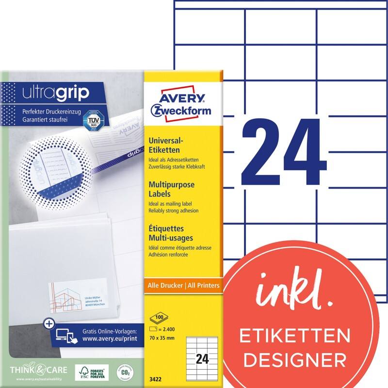 Avery UltraGrip Multifunctionele etiketten 3422 Klevend A4 Wit 70 x 35 mm 100 Vellen à 24 Etiketten