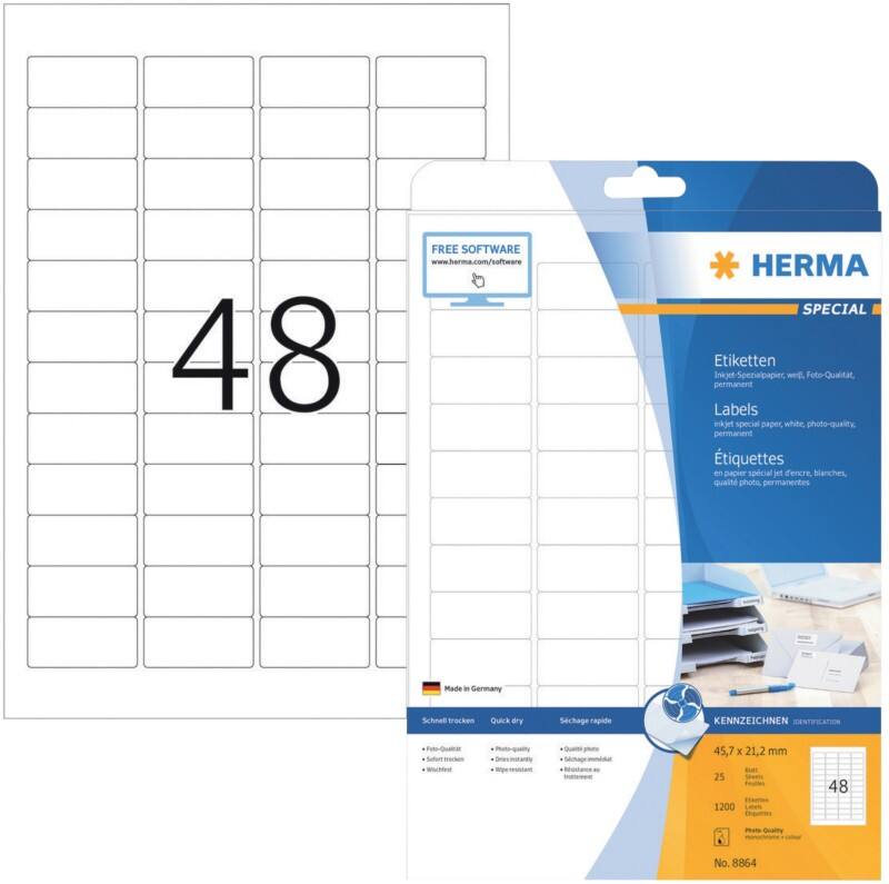 HERMA Etiketten 8864 Klevend A4 Wit 45,7 x 21,2 mm  25 Vellen à 48 Etiketten