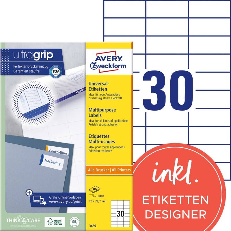 Avery Ultragrip Etiketten 3489 Klevend A4 Wit 70 x 29,7 mm 100 Vellen à 30 Etiketten