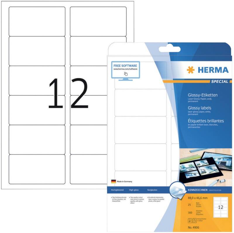 HERMA Etiketten 4906 Klevend A4 Wit 88,9 x 46,6 mm  25 Vellen à 12 Etiketten