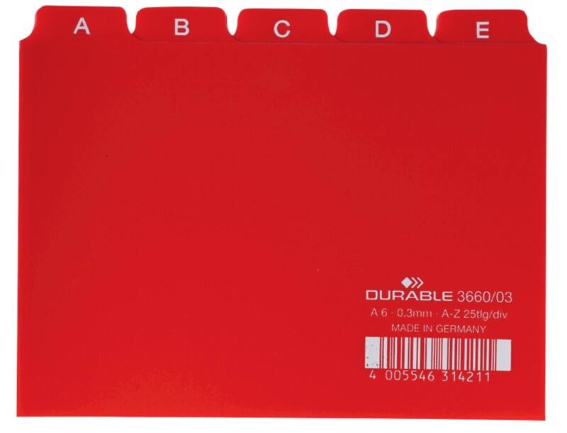 DURABLE 3660-03 Alfabetische tabbladindex Rood A6 Plastic 14,8 x 10,5 cm 25 Stuks