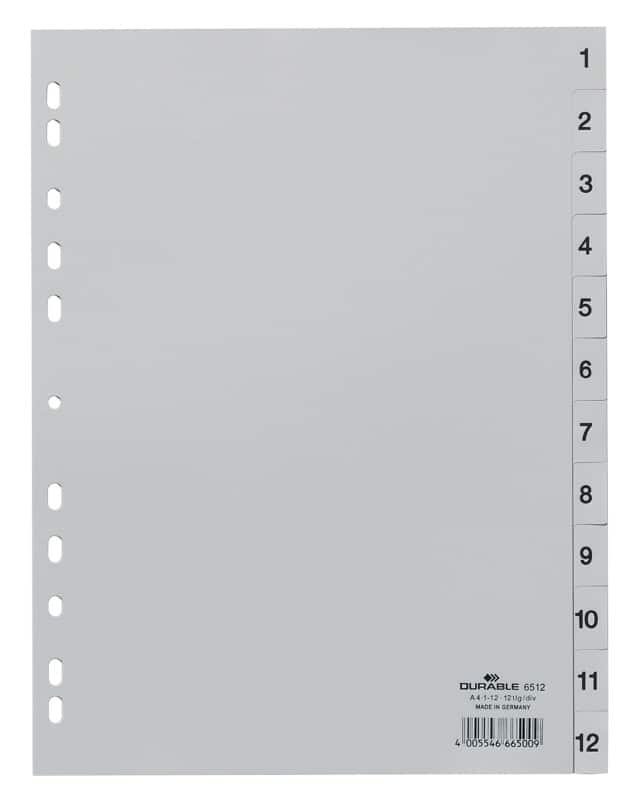 DURABLE 1 tot 12 Numerieke tabbladen A4 Grijs 12 tabs PP (Polypropeen) 11 Gaten 6512
