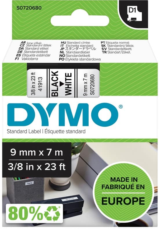 DYMO D1 Etiketteertape Authentiek 40913 S0720680 Zelfklevend Zwart op Wit 9 mm x 7 m