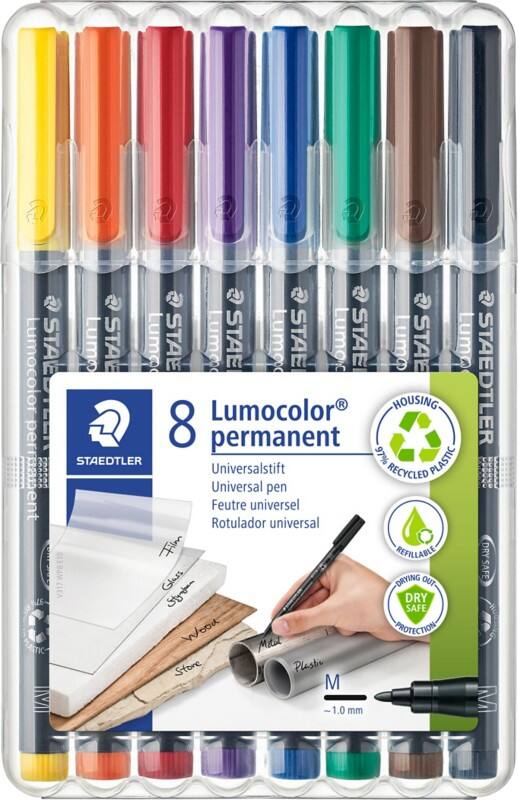 STAEDTLER Lumocolor 317 Overheadmarker 97% Gerecycled Medium Ronde punt 1 mm Kleurenassortiment Navulbaar 8 Stuks