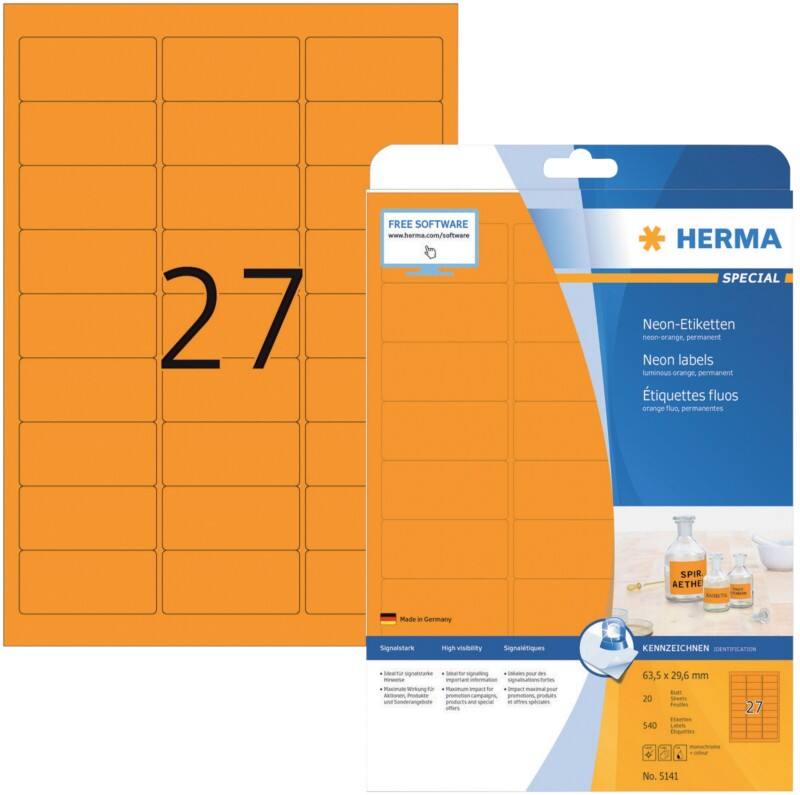 HERMA Etiketten 5141 Klevend A4 Oranje 63,5 x 29,6 mm  20 Vellen à 27 Etiketten