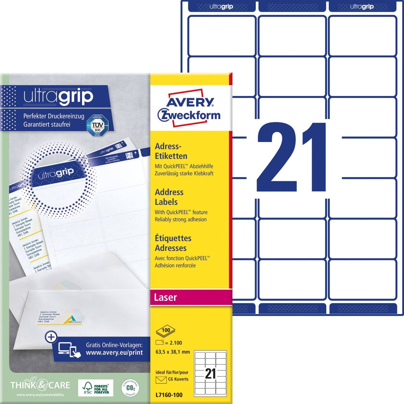 AVERY Zweckform UltraGrip Adresetiketten L7160-100 Klevend A4 Wit 6,35 x 3,81 cm 100 Vellen à 21 Etiketten