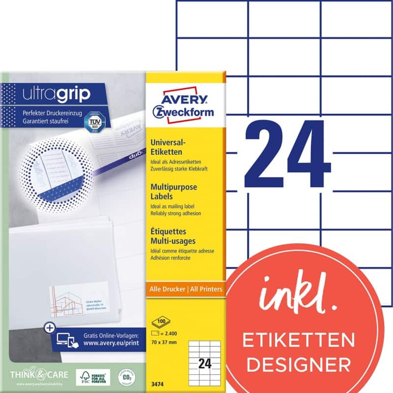 Avery UltraGrip Multifunctionele etiketten 3474 Klevend A4 Wit 70 x 37 mm 100 Vellen à 24 Etiketten