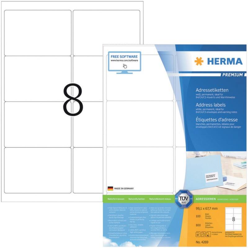 HERMA Etiketten 4269 Klevend A4 Wit 99,1 x 67,7 mm  100 Vellen à 8 Etiketten
