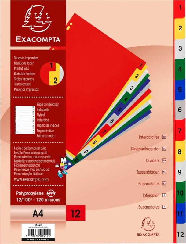 Exacompta 1 tot 12 Numerieke tabbladen A4 Kleurenassortiment 12 tabs PP (Polypropeen) 11 Gaten 1512E