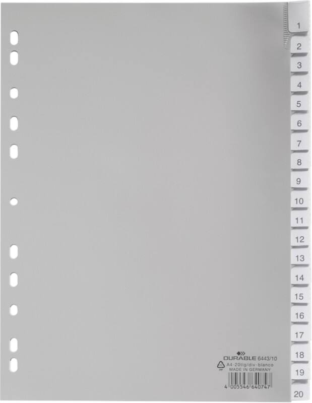 DURABLE 1 tot 20 Numerieke tabbladen A4 Grijs 20 tabs PP (Polypropeen) 11 Gaten 6443