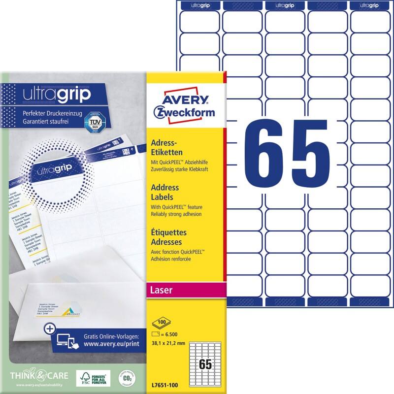 Avery Ultragrip Etiketten UltraGrip Klevend A4 Wit 38,1 x 21,2 mm 100 Vellen à 65 Etiketten