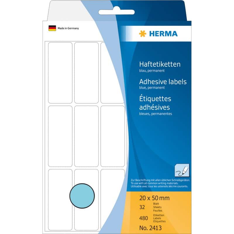 HERMA Etiketten 2413 Klevend Blauw 20 x 50 mm  32 Vellen à 15 Etiketten