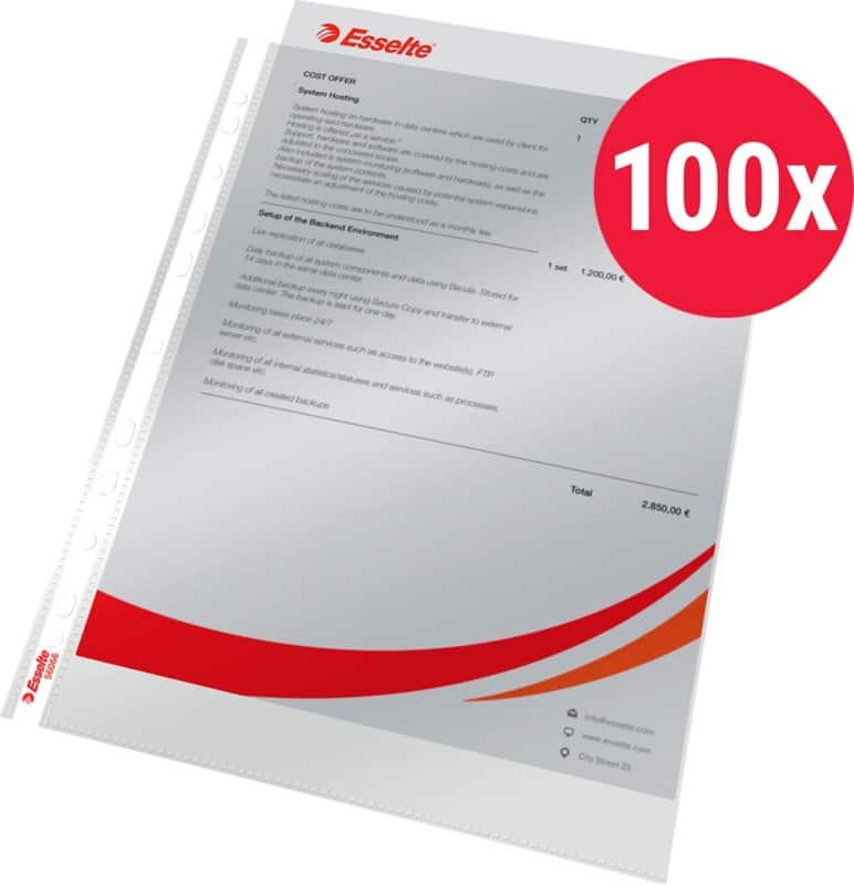 Esselte Showtassen A4 Glashelder Transparant 55 micron PP (Polypropeen) Boven 11 Gaten 100 Stuks