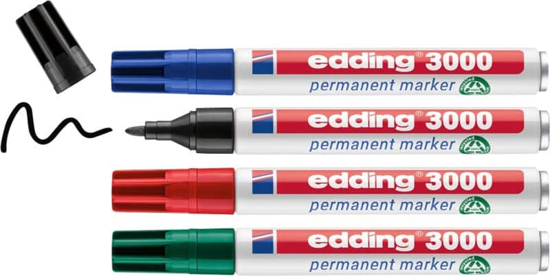 edding 3000 Permanentmarker 100% Gerecycled Medium Ronde punt 1,5 - 3 mm Kleurenassortiment Navulbaar Waterbestendig 4 Stuks