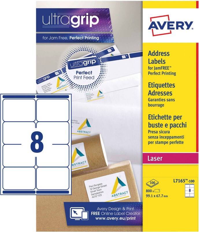Avery UltraGrip Verzendetiketten L7165-100 Klevend A4 Wit 99,1 x 67,7 mm 100 Vellen à 8 Etiketten