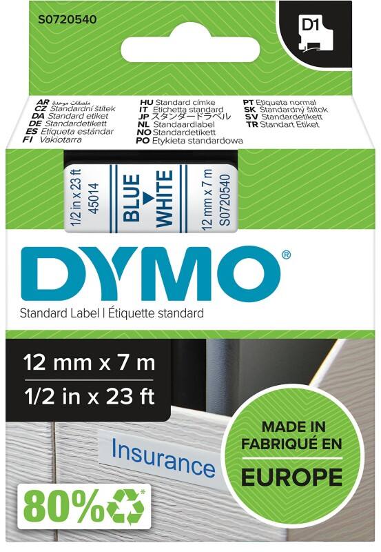 DYMO D1 Etiketteertape Authentiek 45014 S0720540 Zelfklevend Blauw op Wit 12 mm x 7 m